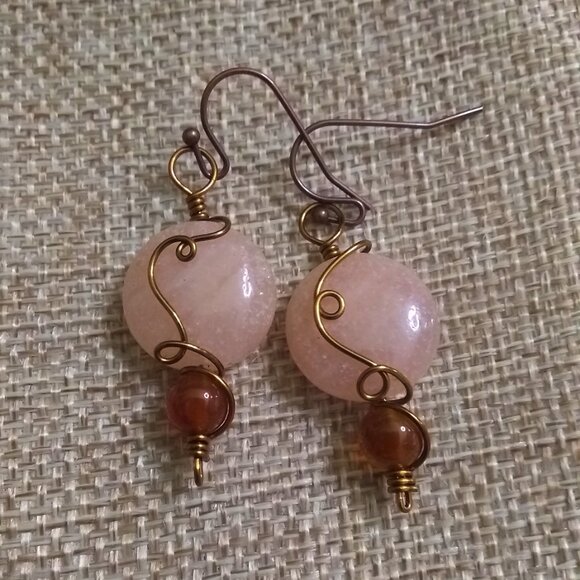 Blush Amazonite & Brown Agate - Short Dangle Earrings Perfect for Fall or Autumn - Picture 1 of 10